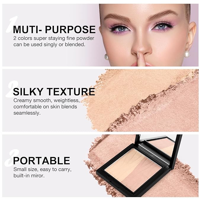 Boobeen Blush Contour Highlighter Makeup Palette, 2 Color Shimmer Smooth Powder Palette for Blush, Highlighting, Contouring the Face, Blendable Compact Highlight Contour Set