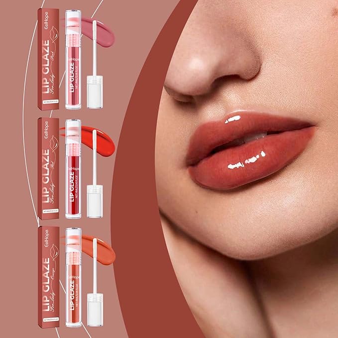 Glossy Lip Tint Set,Moisturizing and Non-stick Cup Lip Tint,3 Pcs Plumping Long-Lasting and Colorfast Mirror Finish Lip Stain