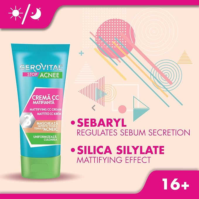 GEROVITAL STOP ACNE Mattifying CC Cream for Acne Prone Skin, Covers Imperfections, Evens Out the Face Color, Medium Shade Adaptable to Skin Tone, 30 ml