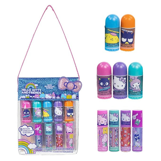 Townley Girl Hello Kitty and Friends 5 Pk Lip Balm and 4 Pk Lip Gloss Set w/Bag, Makeup Cosmetic Set for Kids and Girls, Ages 3+, Perfect for Parties, Sleepovers & Makeovers