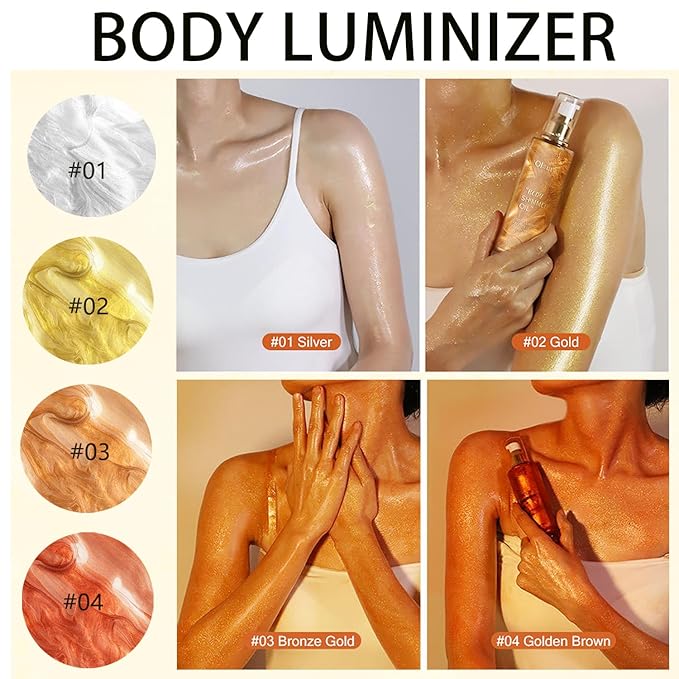 Body Shimmer Oil Gold 4 Color Face Brighten Luminizer Glow for Face & Body, Summer Glow Pearl Highlighter Liquid Illuminator Makeup With Brush (#2, 2.8 Fl Oz)