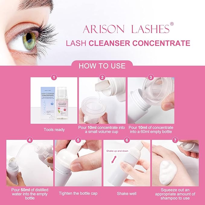 ARISON LASHES Lash Shampoo Concentrate for Lash Extensions 60ML Eyelash Cleanser Concentrate Oil-Free Eyelash Extension Shampoo with Salon Home Care(Rose)