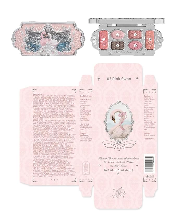 Flower Knows Swan Ballet Six-Color Makeup Palette,Eyeshadow,Blush,Highlighting & Contour All-in-One Face Makeup Palette with 4 Matte+2 Shimmer Pink Shades(03 Pink Swan,0.23 Oz)
