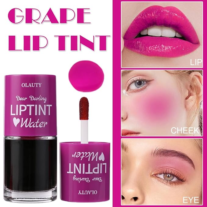 Water Lip Tint Red Grapefruit/Grape,korean Lip Tint Stain Natural Moisturizing& Non-sticky,Lip/Eye/Cheek 3 in 1 Lip Gloss,Smudge-proof & Lightweight,Vivid Color