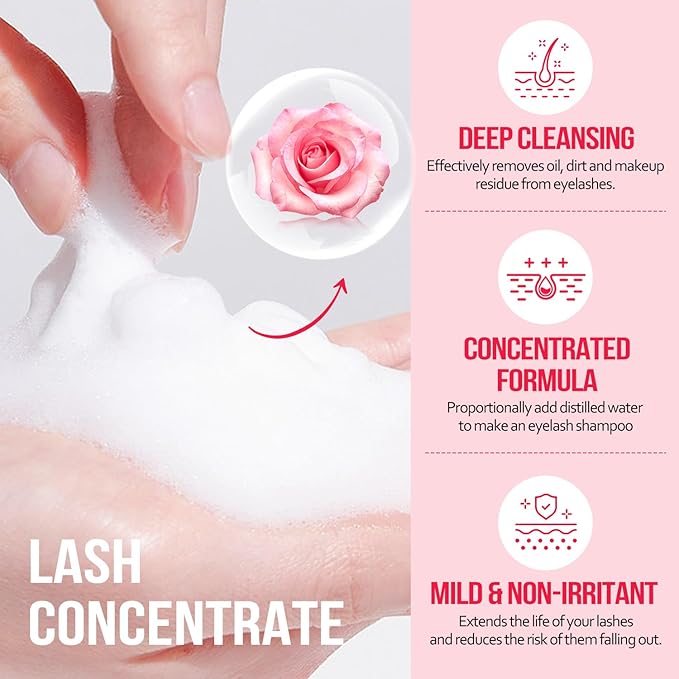 Lash Shampoo Concentrate 100 ml/3.4 fl.oz Lash Cleanser Concentrate Oil Free Eyelash Extension Shampoo for Salon Home Eyelash Care-Can Make 20 bottles of 60ml Lash Shampoo,Rose
