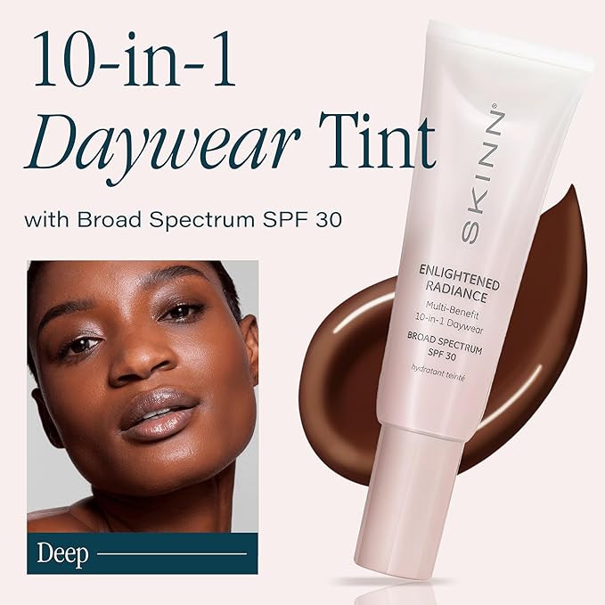 SKINN Enlightened Radiance 10-in-1 Tinted Sunscreen Broad Spectrum with SPF 30, (Deep) - Hydrating & Brightening Tinted Moisturizer for Face, Wrinkles & Fine Line - Lightweight Coverage Skin Tint