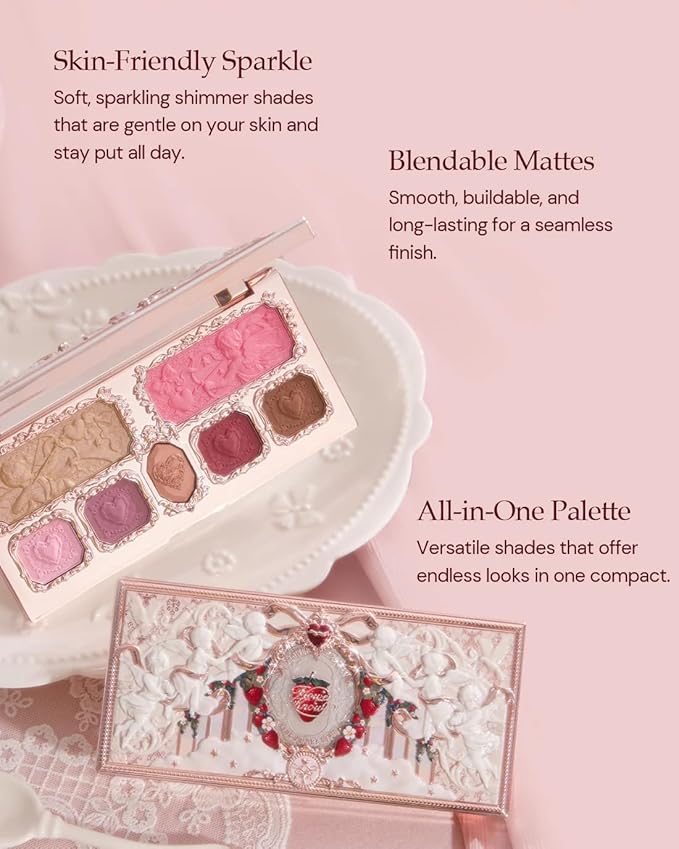 Flower Knows Strawberry Cupid Makeup Palette,Eyeshadow,Blush,Highlighting & Contour All-in-One Face Makeup Palette with 4 Matte+3 Shimmer Pink Shades(S02 Cupid's Mischief,0.49 Oz)