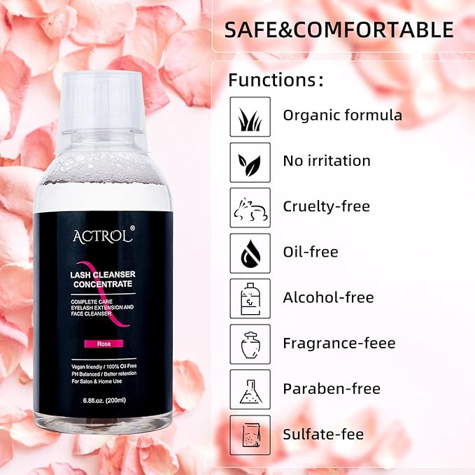 Eyelash Cleanser Concentrate 200ml Rose Professional Lash Shampoo Foaming Cleanser DIY Paraben & Sulfate Free Non-lrritating Wash for Extensions Lashes with Salon Home Care-Makes 40 Bottles