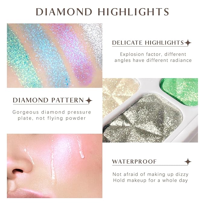 8 Colors Face Highlighter Makeup Palette Diamond Glitter iluminadores de maquillaje, Intense-Color Chameleon Eyeshadow Rainbow Shimmer Highlighter Metallic Contour Bronzer Palette