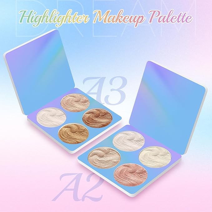 Highlighter Powder Palette, Illuminator Palette Highlighter Baked Waterproof Long Lasting Brilliant Lighten Skin Color Face Contour Powder (A3)