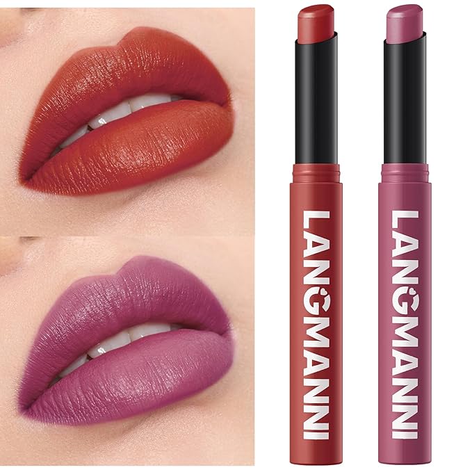 Jolilab 2 Pcs Velvet Matte Lipstick Nude Matte Soft Dark Color Stick Waterproof Long-Lasting Non-Stick Cup High Pigmented Lip Stick Lip Balm Beauty Cosmetics Gift for Girls(09#+10#