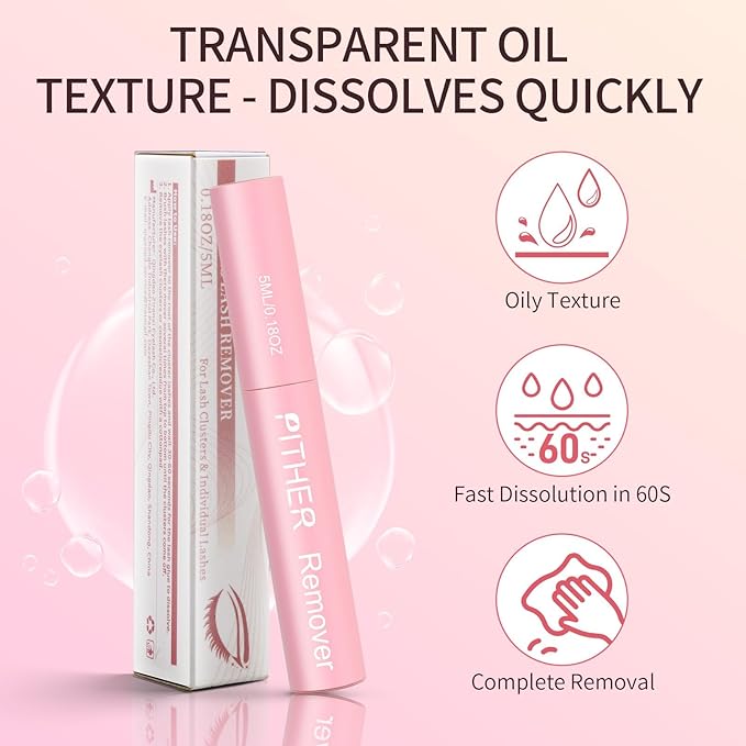 Lash Remover for Lash Extensions 10ml, Eyelash Glue Remover Self-Use at Home DIY Eyelash Extension Remover Non-irritating Soothing Oil Texture Lash Clusters Clear Remover PITHER