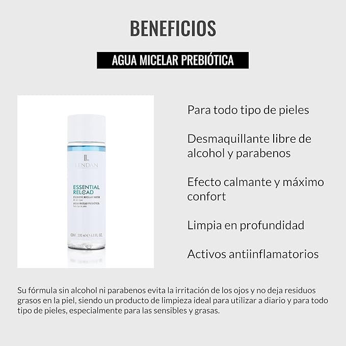 LENDAN - Micellar Water - Essential Reload Prebiotic - 200 ml - for All Skin Types - Alcohol and Paraben-Free Makeup Remover - Gentle Cleansing - with Prebiotic Ingredients