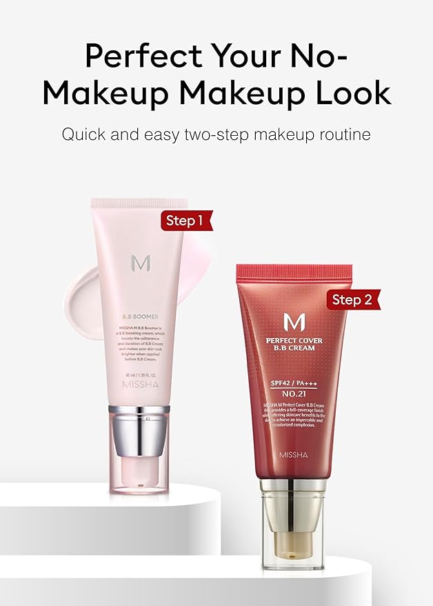 MISSHA BB ESSENTIALS KIT M PERFECT COVER BB CREAM No.21 Light Beige - Light with Cool Undertone/SPF 42 PA+++ 1.69 oz & M BB Boomer 1.35 oz -Lightweight, Multi-Function, High Coverage
