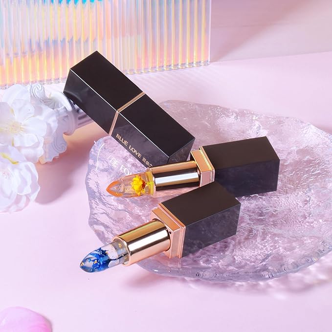 BLUE LOVE 2PCS Color Changing Flower Lipstick - Hydrating Jelly Lip Balm with Flower, Long-Lasting Moisturizer & Nourishing Lip Gloss (Gold&Pink)
