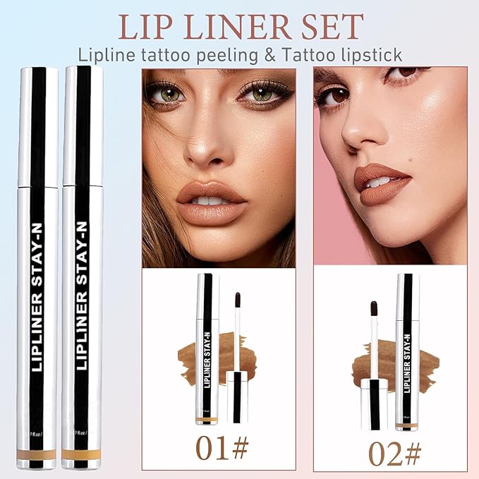 Lip Liner Stain Peel Off,Long Lasting Lip Stain Peel Off Waterproof Lip Tint Stain Non-Stick Cup Natural Lip Makeup (01#Nude+02#Cocoa)
