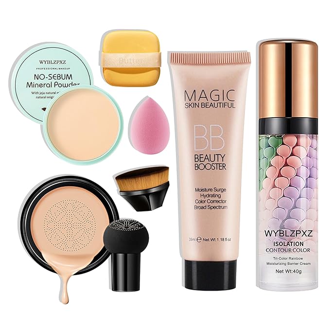 Mushroom Head Air Cushion CC Cream + BB Cream + Tri-color Color Corrector Isolation Cream Foundation Set Moisturizing Full Coverage Foundation Concealer Lasting Foundation Makeup Base Primer(7 Pcs)