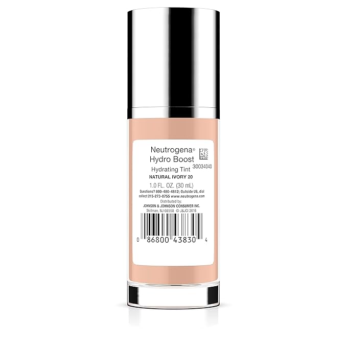 Neutrogena Hydro Boost Hydrating Tint with Hyaluronic Acid, Lightweight Water Gel Formula, Moisturizing, Oil-Free & Non-Comedogenic Liquid Foundation Makeup, 20 Natural Ivory, 1.0 fl. oz