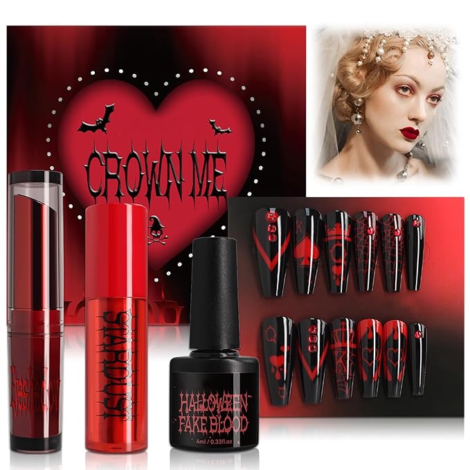 Halloween Fake Blood Vampire Accessories Blood Red Lipstick Glitter Eyeshadow Black Press On Nails for Eyes Teeth Mouth Nose Bleeds Cosplay SFX Zombie Makeup Monster Party Stage Horror Film