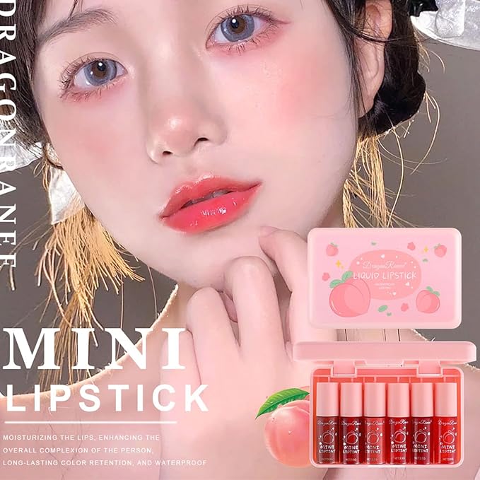 Eakroo 6 Colors Peach Lip Tint Stain Set, Korean Lip Gloss Mini Liquid Lipstick Set, Multi-Use Lip and Cheek Tint, Long Lasting, Waterproof, High Pigment, Vivid Color