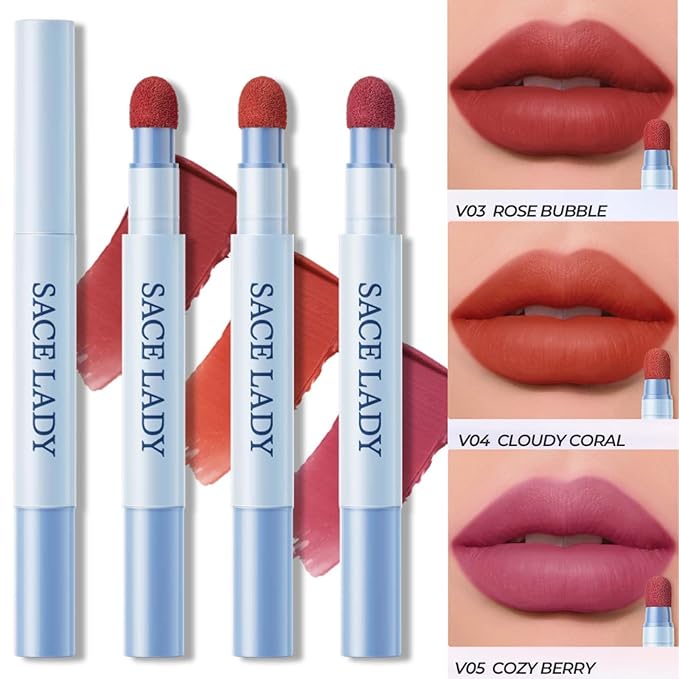 SACE LADY Matte Lipstick Set, Long Lasting Air Cushion Lip & Cheek Cream Non-Stick Cup, Ultra-Smooth Pigmented Non-drying Lip Color for Face Makeup Kit 3Pcs (V03+V04+V05, 3pcs)