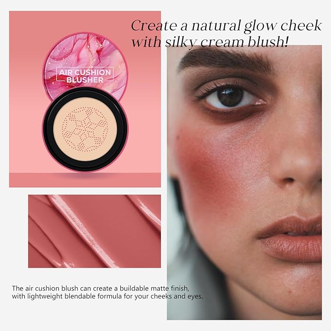 KYDA Air Cushion Blush, Mushroom Head Air Cushion Blusher, Natural Glow Liquid Blusher for Cheeks and Eyes, Buildable Matte Coverage, Lightweight Blendable, Silky Cream Blush Makeup, 04 Cameo Brown