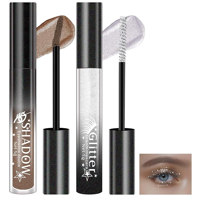 2 Pcs Glitter Mascara & Shimmer Liquid Eyeshadow Set, Long Lasting Waterproof, Shiny Diamond Eye Makeup for Party Dazzling Looks, Metallic Eye Shadow Lipstick Makeup #Set5(White+Mocha Brown)
