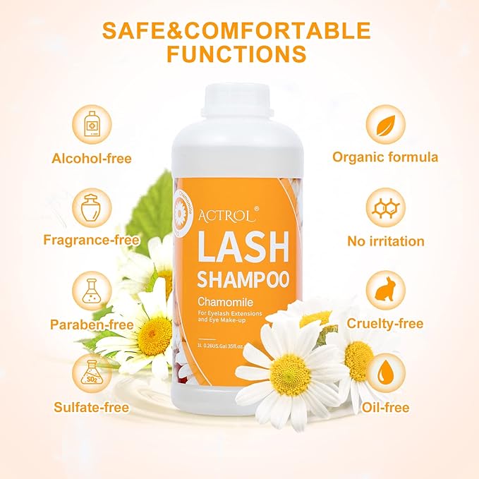 Eyelash Extension Cleanser Chamomile 1L Natural Lash Extension Shampoo Professional Eyelid Foaming Cleanser Paraben & Sulfate Free Non-lrritating with Salon and Home Care