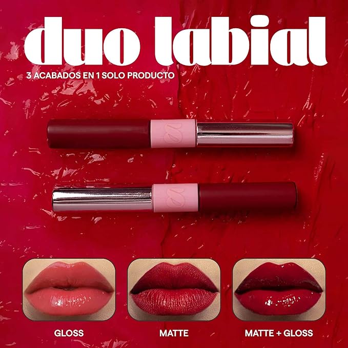 SARELLY CREATIVO LAB | Duo Telenovela Lips Matte & Gloss Lip Kit | Red Lipstick + Non-Sticky Gloss | Vegan Leather Case