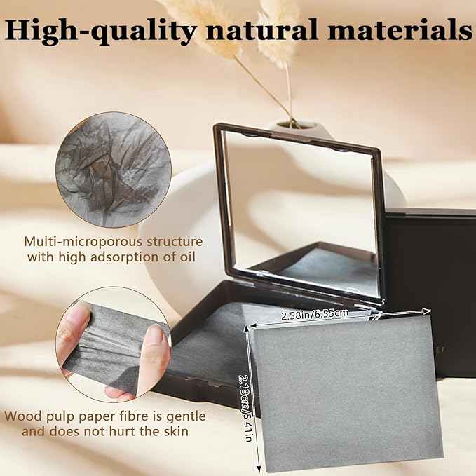 Oil Blotting Sheets for Face With Travel Makeup Mirror - Bamboo Charcoal 200 Sheets, Oil Absorbing Papers, Makeup Friendly, for Oily Skin