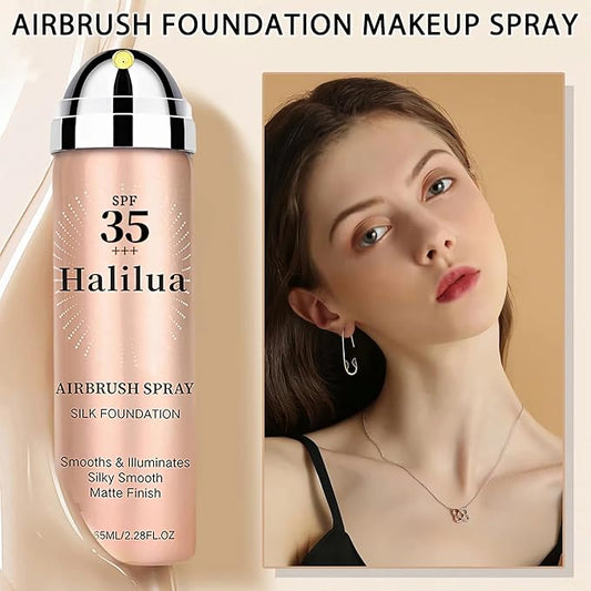 Sunscreen Airbrush Foundation Makeup Spray with Brush, SPF 35, Full Coverage Airbrush Foundation for Smooth Radiant Finish, Silky Concealer Mist Spray Makeup, Long-lasting & Waterproof (Nude)