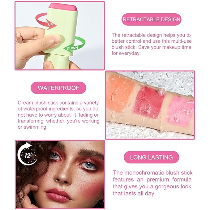 Cream Blush Stick, Monochromatic Beauty Wand for Cheek and Lip Tint, Long Lasting Hydrating Formula, Multi-use Makeup Stick Blends Perfectly onto Skin, 0.6 oz (2# Hot Red)