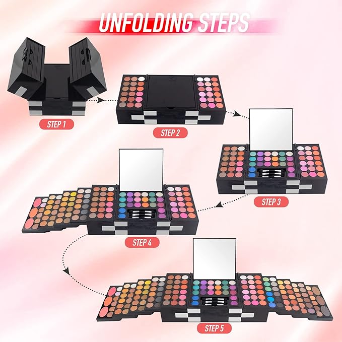 All In One Makeup Kit For Women Full Kit -142 Colors Shimmer Matte Eyeshadow Palette,3 Blusher,3 Eyebrow Powder,3 Applicators and Mirror Make Up Kit for Teens Women Gift Set (148 Makeup Kit)
