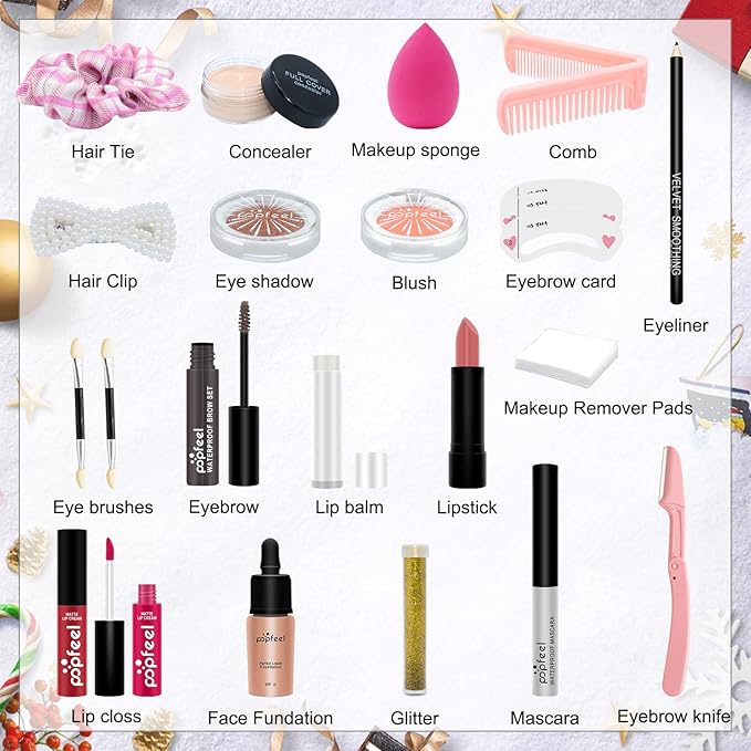 PHOEBE Makeup Advent Calendar Christmas Gifts Teenage Girls All-in-one Makeup Kit Surprise Gift Christmas Countdown Calendar Gifts Include Lip Gloss, Foundation, Concealer, Mascara, Eyebrow Pencil
