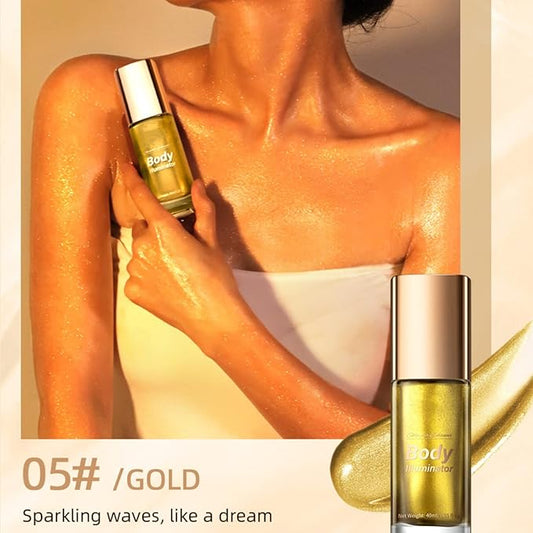 MAEPEOR Body Luminizer 5 Colors Smooth Subtle Shimmer Illuminator Moisturizing Long Lasting Summer Glow for Face and Body (40ML, 05 Gold)