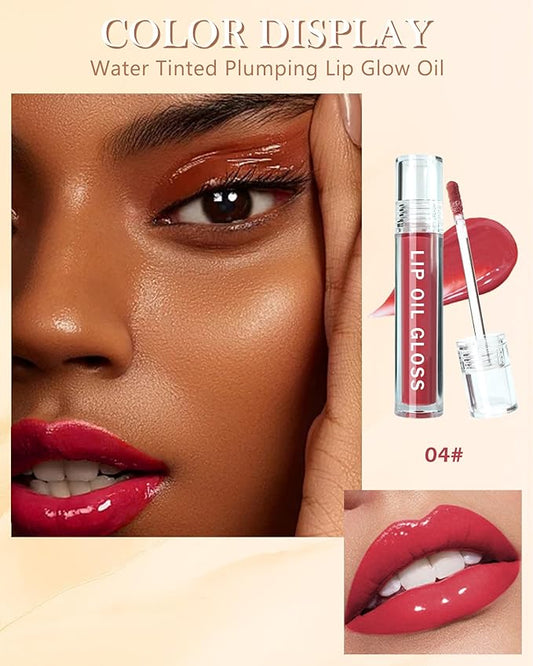 Hydrating Lip Tint Stain-1Pcs Tinted Plumping Lip Glow Oil, Moisturizing Water Lip Stain Makeup, Pigmented Non-Sticky Vegan Lip Gloss, Multi-Use Lip & Cheek Tint, Nude Glossy Finish, Cruelty Free-04#