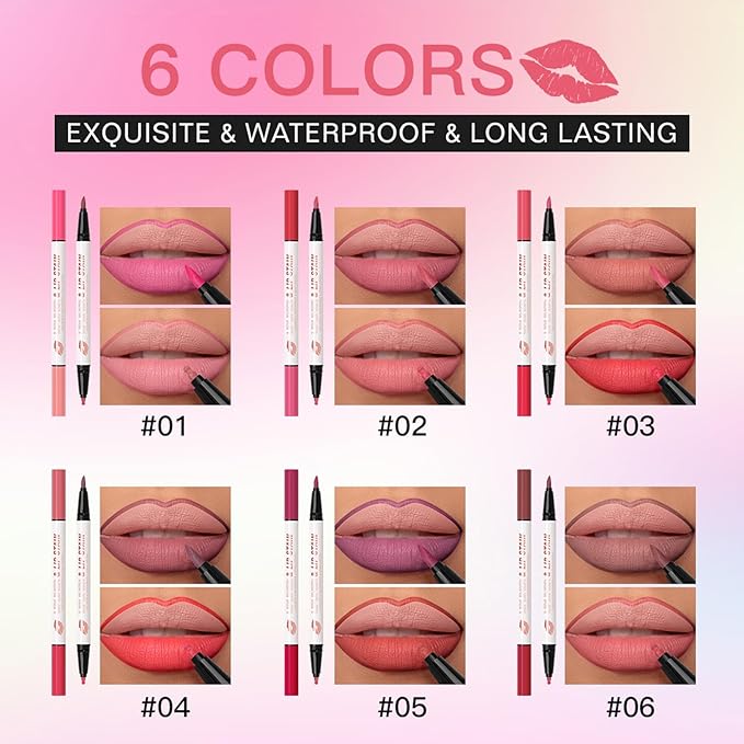 DAGEDA 2 Colors Lip Liner Pen,Double-ended Lip Stain Marker Design,Natural Matte Finish,Waterproof Liquid Lipstick, Long Lasting No Transfer Lips Makeup for Women(Color A)