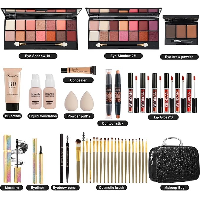 All in One Makeup Kit for Women Full Kit,Makeup Set for Women, Includes Eyeshadow Palette/Foundation/lip gloss/Eyeliner/Mascara/makeup Brush,Makeup Gift Set for Halloween & Birthday&Holiday&Everyday.