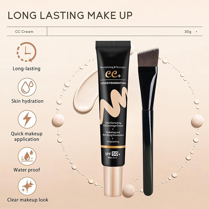 CC Cream with SPF 50+ with Brush, Waterproof Flawless Concealer Full Coverage BB Cream for All Skin Types, Lightweight Powder Foundation Full Coverage, Pre-makeup Primer Refine Skin Texture (Natural)