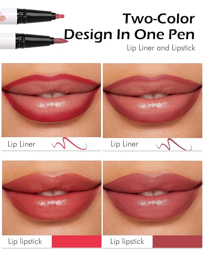 Double-headed Lip Liner Stain Long Lasting Waterproof 2 Colors Liquid Lip Liner Pencil Marker High Pigmented Smooth Application Precise Pen-Like & Chisel Tip Hydrating Lipstick for Women, 03