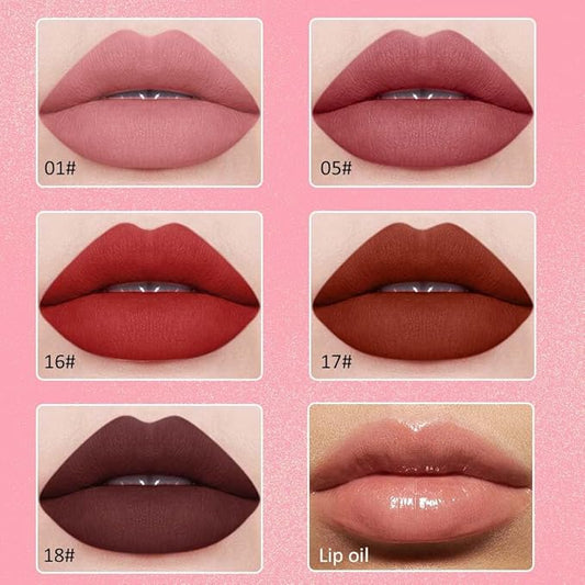 5Pcs Matte Velvet Liquid Lip Gloss Set, Liquid Lip Sticks + 1Pcs Lip Oil Set, Red Lipstick Collection, Rich Colors Long-Lasting Wear Not Fade Waterproof Lip Stain for All Skin Types (set4