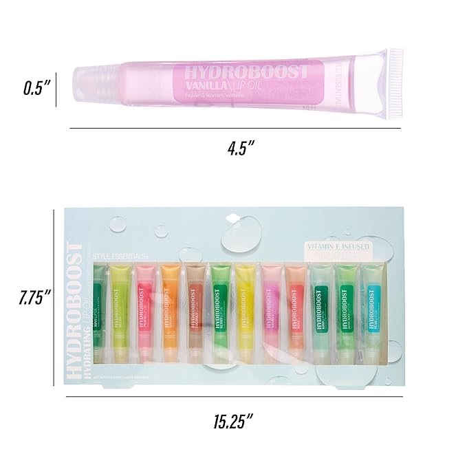 12pc Lip Oil Set - Flavored Lip Oils Value Pack, Hydrating Lip Oils w/Squeeze Tube Application, Moisturizing Lip Oil Collection for Everyday Lip Care and Lip Repair (HYDROBOOST)