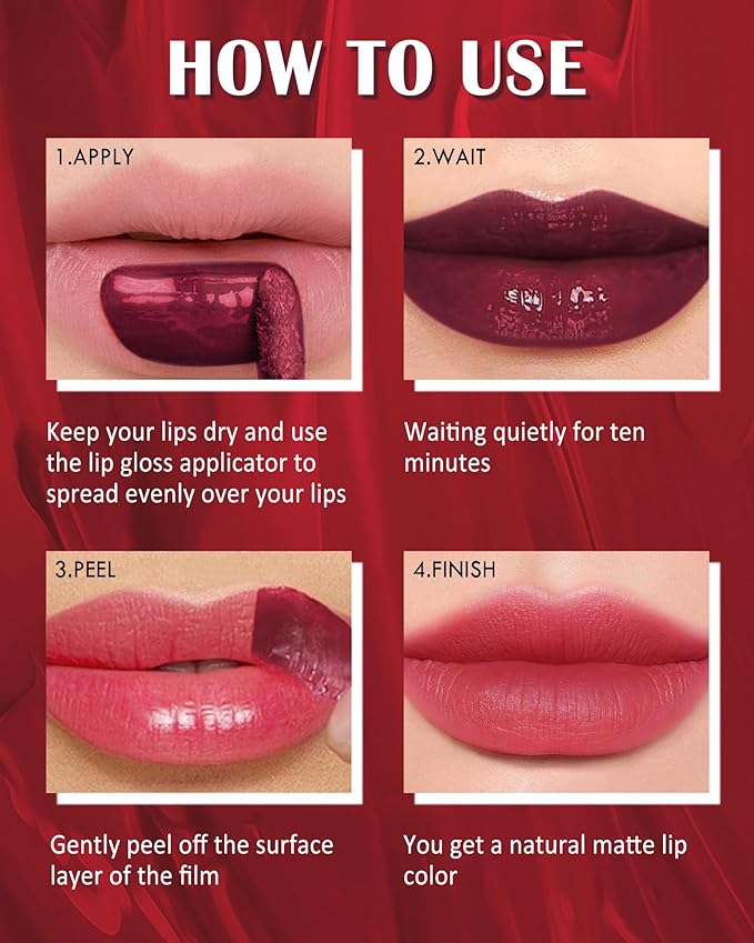 Peel Off Lip Stain - Red Matte Lip Liner Stain Waterproof Long Lasting 24H, Highly Pigmented Lip Tattoo Peel Off Lip Tint Stain, Transfer-Proof and Non-Stick Cup, Liquid Lip Gloss Makeup for Women-03