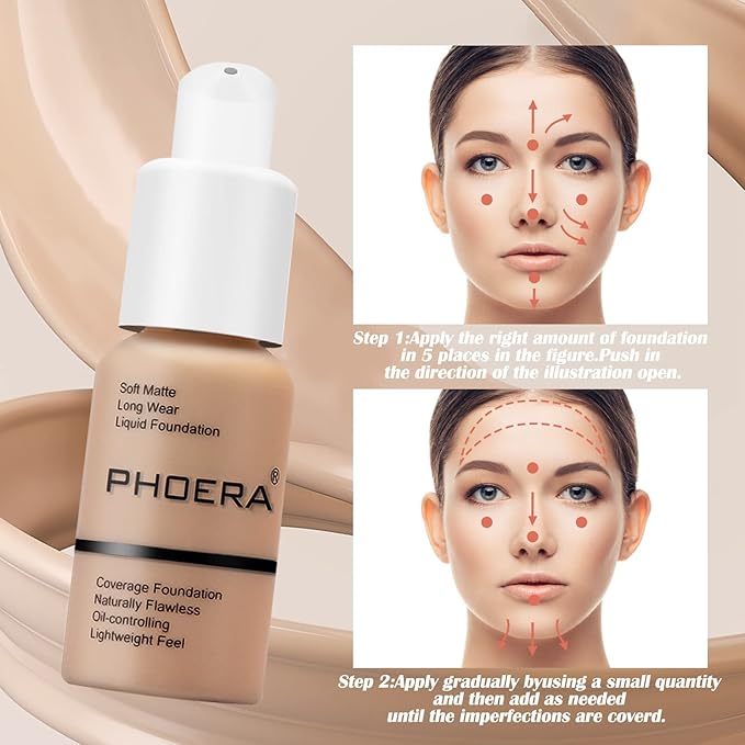 PHOERA Foundation Makeup Naturally Liquid Foundation Full Coverage Mattle Oil-Control Concealer 8 Colors Optional,Great Choice For Gift (#105 Sand,30ml)