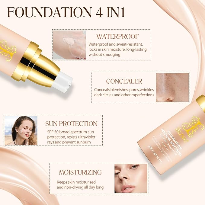 Color Changing Foundation 4 in 1 Medium Spectrum, Flawless Foundation Color Changing Makeup Full Coverage SPF50+, Waterproof Moisturizing Foundation for Mature Skin Hides Wrinkles and Lines, 30ml
