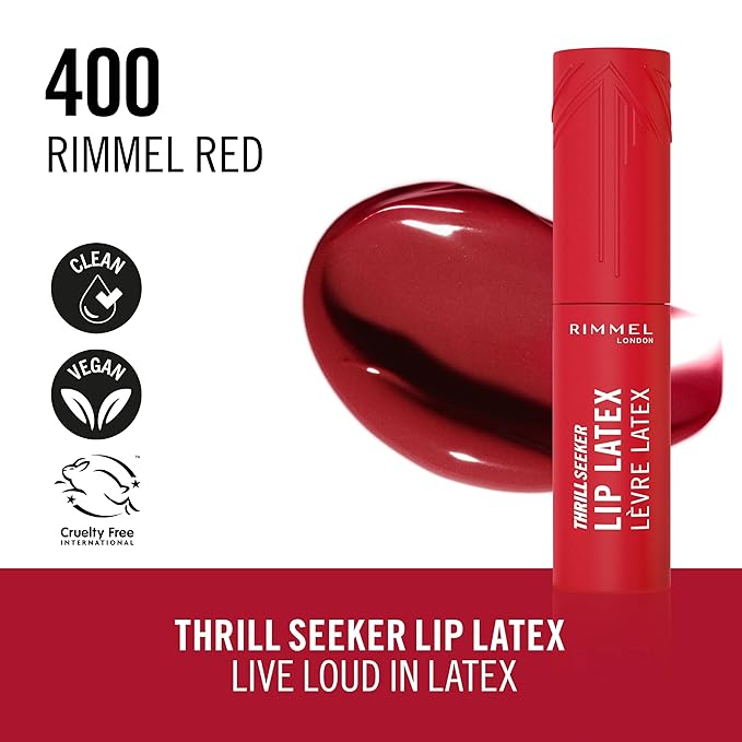 Rimmel Thrill Seeker Lip Latex, 400 Rimmel Red, Liquid Lipstick, Lipgloss, Lip Colour, Hyaluronic Lipstick, Lip Stain, Smooth Shine, Hydration, Hyaluronic Acid, Vitamin E, Aloe Vera, 0.2oz