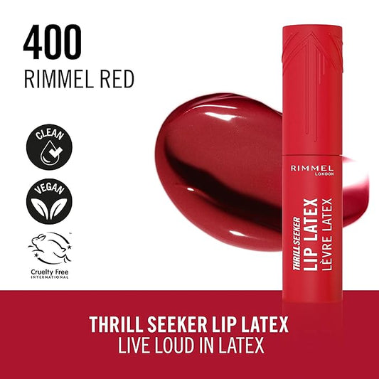 Rimmel Thrill Seeker Lip Latex, 400 Rimmel Red, Liquid Lipstick, Lipgloss, Lip Colour, Hyaluronic Lipstick, Lip Stain, Smooth Shine, Hydration, Hyaluronic Acid, Vitamin E, Aloe Vera, 0.2oz