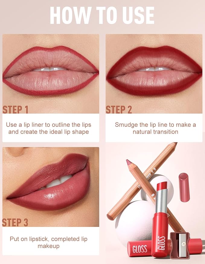 2 Pcs Lipstick and Lip Liner Set Hydrating Lip Tint Non-Sticky Lightweight Lip Balm Plumping Lip Kit for Women Matte Lip Pencil Long Lasting Gradient Glossy Lip Combo with Sharpener, 01