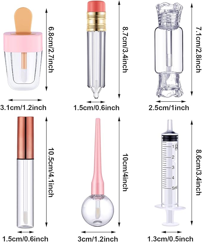 Maitys 30 Pcs Lip Gloss Tube Tool Set, Include 20 Pencil Ice-cream Lollipop Candy Shaped Empty Lip Gloss Tubes, 5 Clear Balm Containers with Rose Gold Cap and 5 Plastic Syringe for Women DIY