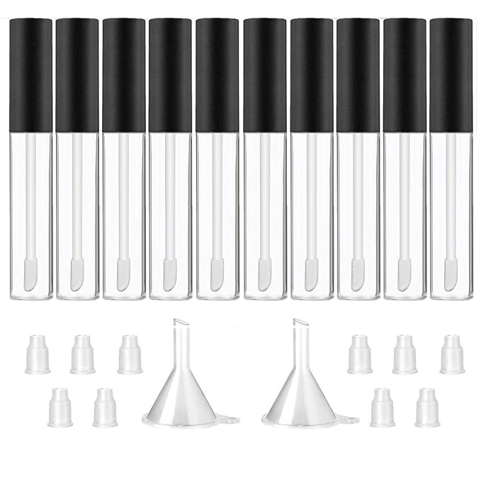 GTHER 10ML Lip Gloss Tubes Empty, Empty Lip Gloss Containers, Clear Refillable Lip Balm Bottles with Rubber Inserts and Funnel for Lip Samples Set of 10 (Matte Black + Transparent)